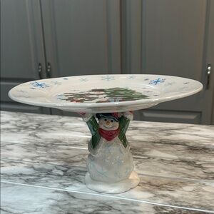 Snowman Serving Plate with Christmas Tree & Blue Snowflake Design Handcrafted